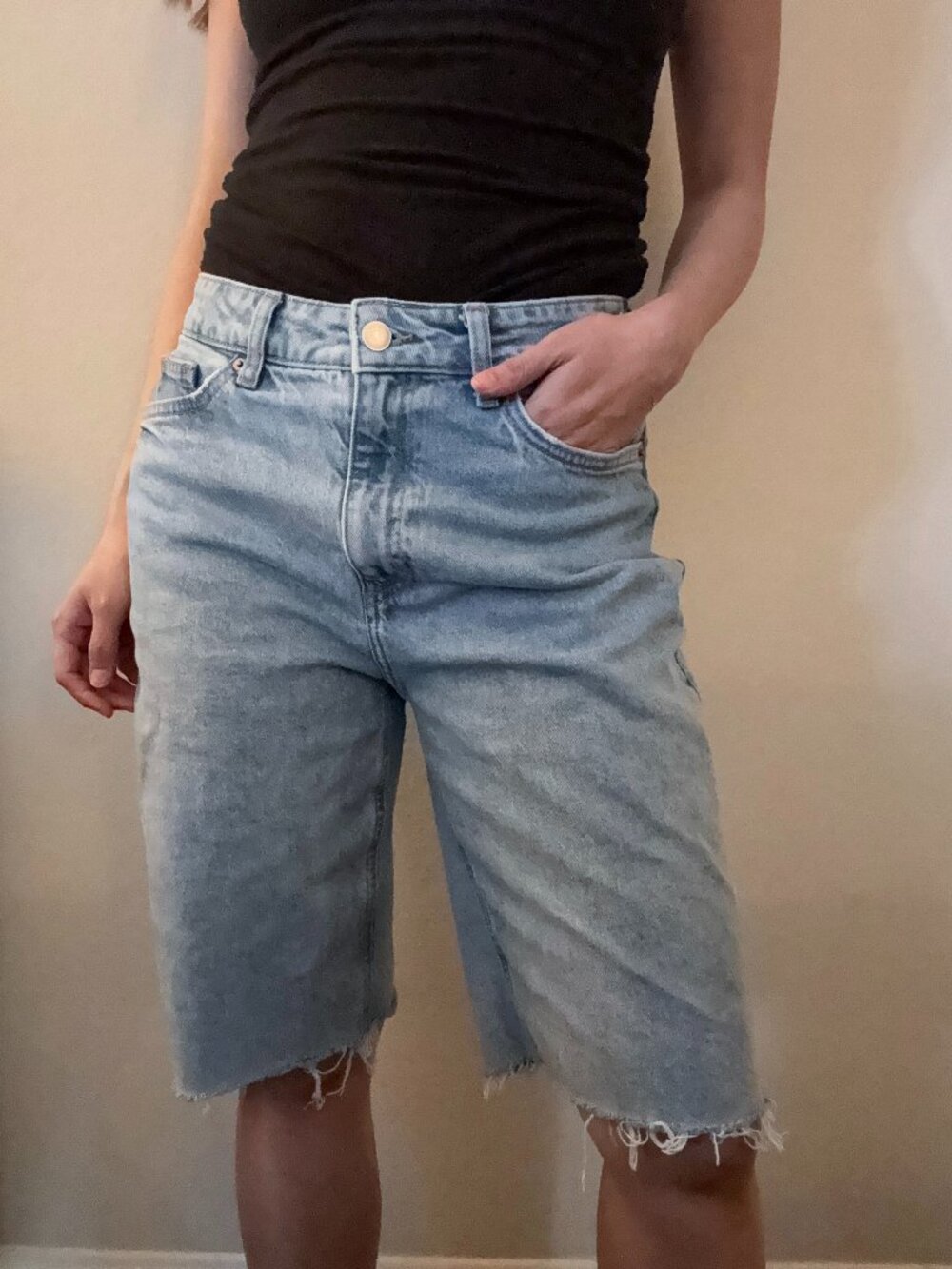 ASOS Light Wash Denim Bermuda Jorts Shorts with Frayed Edges